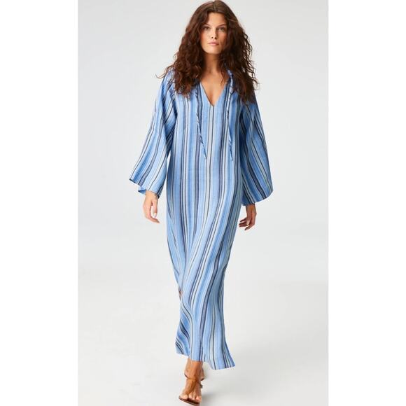 Lisa Marie Fernandez The Tunic Caftan In Sea Striped Linen Blue Maxi Dress NWT 0 - Picture 4 of 10